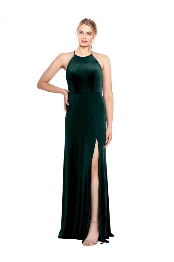 Affordable Sleeveless Jewel Neck Stretch Velvet Dark Green Long Prom Dress Canada