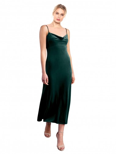 Affordable Sleeveless Spaghetti Straps Stretch Velvet Dark Green Midi Length Low Back Prom Dress Canada
