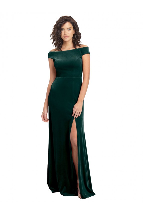 Affordable Cap Sleeves Square Neck Stretch Velvet Dark Green Long Prom Dress Canada
