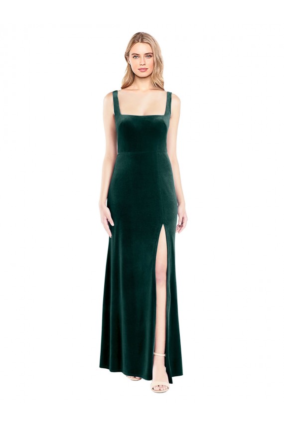 Affordable Sleeveless Square Neck Stretch Velvet Dark Green Long Prom Dress Canada