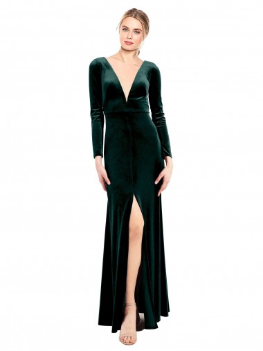 Affordable Long Sleeves V-Neck Stretch Velvet Dark Green Long Black Tie Prom Dress Canada
