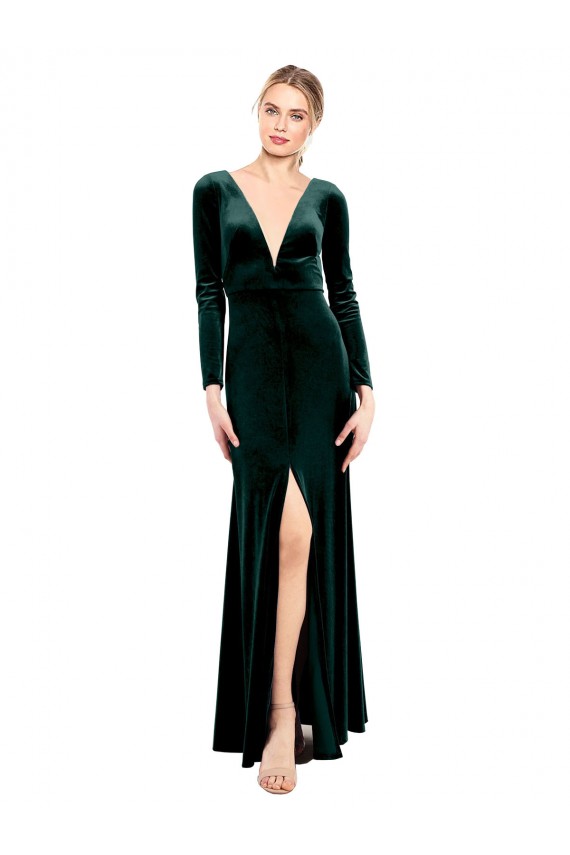 Affordable Long Sleeves V-Neck Stretch Velvet Dark Green Long Black Tie Prom Dress Canada