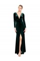 Affordable Long Sleeves V-Neck Stretch Velvet Dark Green Long Black Tie Prom Dress Canada