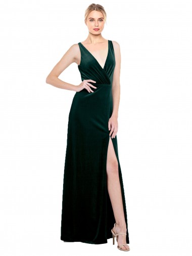 Affordable Sleeveless V-Neck Stretch Velvet Dark Green Long Black Tie Prom Dress Canada