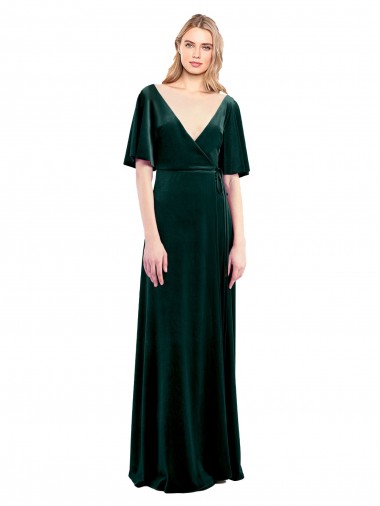 Affordable Flutter Sleeves V-Neck Stretch Velvet Dark Green Long Prom Dress Canada