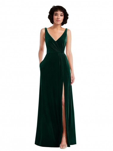 Affordable Sleeveless V-Neck Stretch Velvet Dark Green Long V-Back Prom Dress Canada