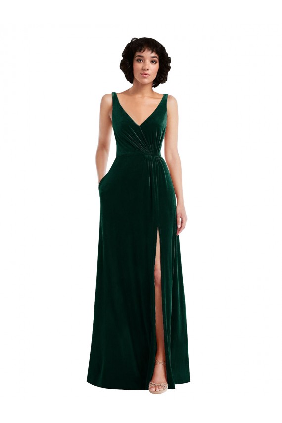Affordable Sleeveless V-Neck Stretch Velvet Dark Green Long V-Back Prom Dress Canada
