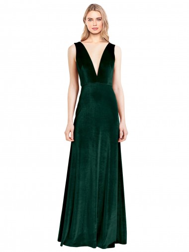 Affordable Sleeveless V-Neck Stretch Velvet Dark Green Long Prom Dress Canada