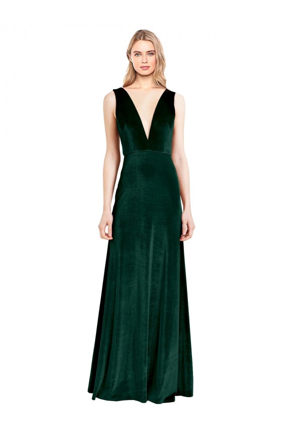 Affordable Sleeveless V-Neck Stretch Velvet Dark Green Long Prom Dress Canada