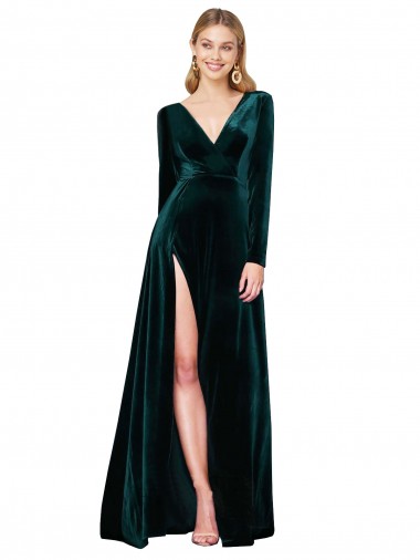 Affordable Long Sleeves V-Neck Stretch Velvet Dark Green Sweep Train Black Tie Prom Dress Canada