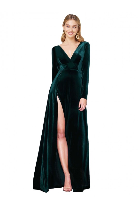 Affordable Long Sleeves V-Neck Stretch Velvet Dark Green Sweep Train Black Tie Prom Dress Canada