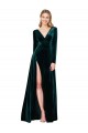 Affordable Long Sleeves V-Neck Stretch Velvet Dark Green Sweep Train Black Tie Prom Dress Canada