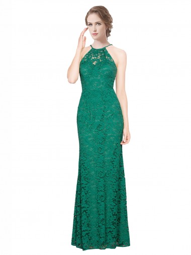 Affordable Sleeveless High Neck Lace Dark Green Long Prom Dress Canada