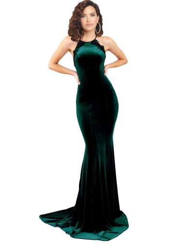 Affordable Sleeveless High Neck Stretch Velvet Dark Green Sweep Train Prom Dress Canada