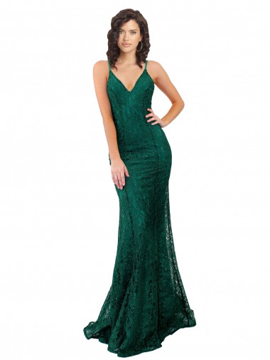 Affordable Sleeveless V-Neck Lace Dark Green Long Black Tie Prom Dress Canada