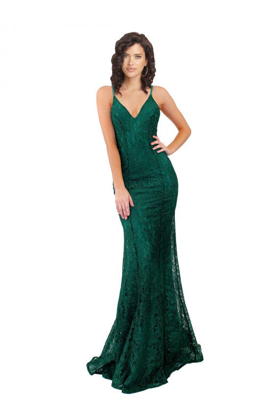 Affordable Sleeveless V-Neck Lace Dark Green Long Black Tie Prom Dress Canada