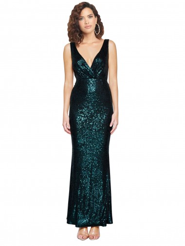 Affordable Sleeveless V-Neck Sequin Dark Green Long Prom Dress Canada