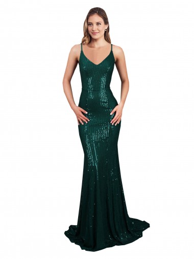 Affordable Sleeveless V-Neck Sequin Dark Green Mermaid Long Prom Dress Canada