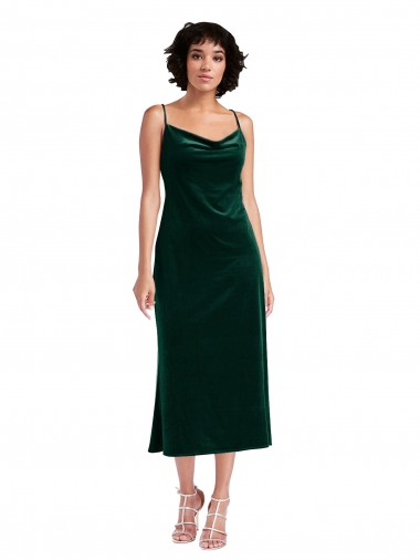 Affordable Sleeveless Cowl Neck Stretch Velvet Dark Green Midi Length Black Tie Prom Dress Canada