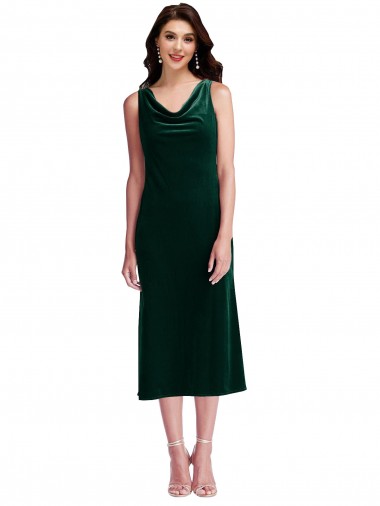 Affordable Sleeveless Cowl Neck Stretch Velvet Dark Green Midi Length V-Back Prom Dress Canada