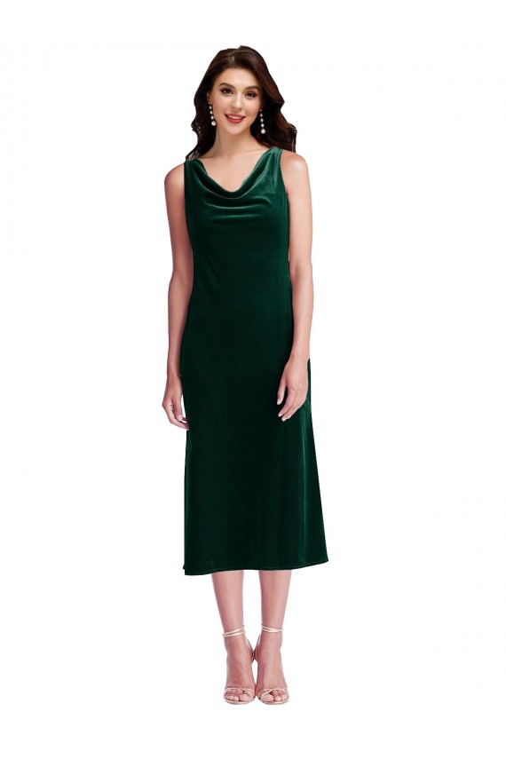 Affordable Sleeveless Cowl Neck Stretch Velvet Dark Green Midi Length V-Back Prom Dress Canada