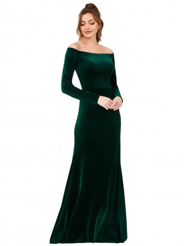 Affordable Long Sleeves Off the Shoulder Stretch Velvet Dark Green Long Prom Dress Canada