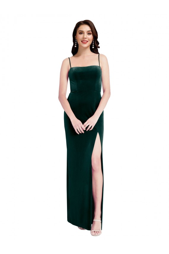 Affordable Sleeveless Square Neck Stretch Velvet Dark Green Sheath Long Prom Dress Canada