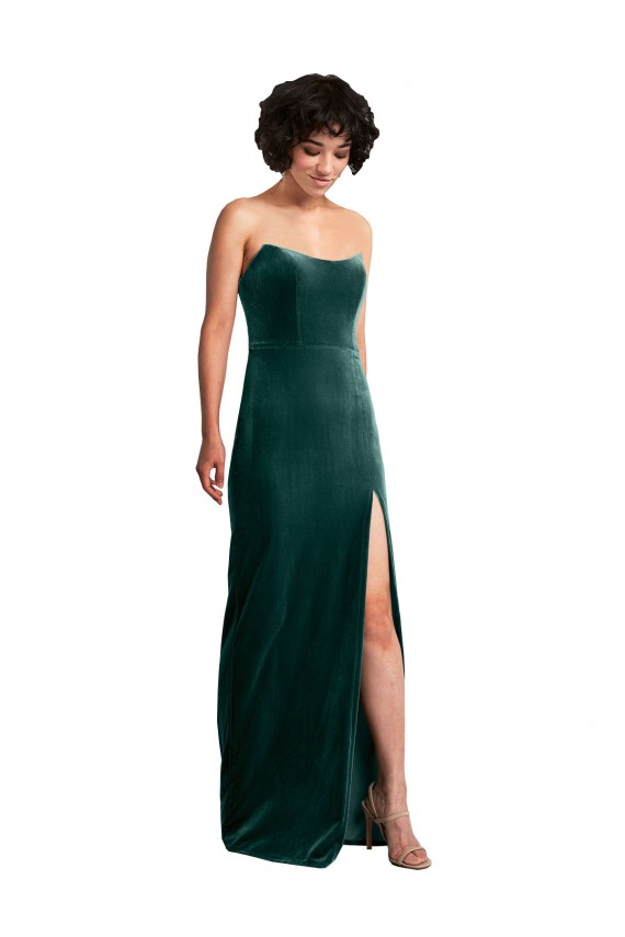 Affordable Sleeveless Strapless Stretch Velvet Dark Green Long Black Tie Prom Dress Canada