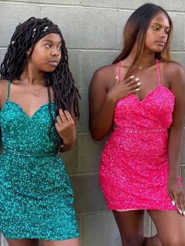 Affordable Sleeveless V-Neck Velvet Sequin Dark Green Short Prom Dress Canada