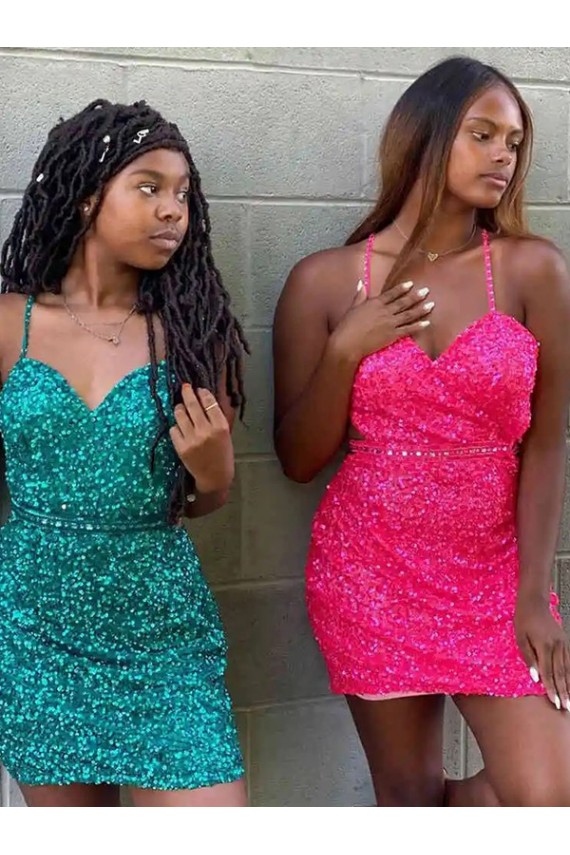 Affordable Sleeveless V-Neck Velvet Sequin Dark Green Short Prom Dress Canada