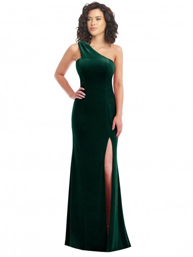 Affordable Sleeveless One Shoulder Stretch Velvet Dark Green Long Black Tie Prom Dress Canada
