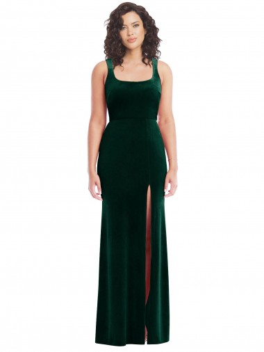 Affordable Sleeveless Square Neck Stretch Velvet Dark Green Long Evening Prom Dress Canada