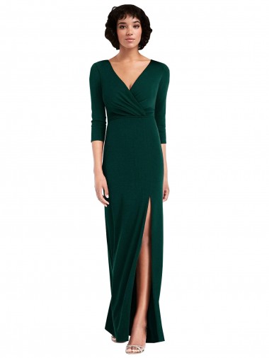 Affordable Long Sleeves V-Neck Spandex Dark Green Long Prom Dress Canada