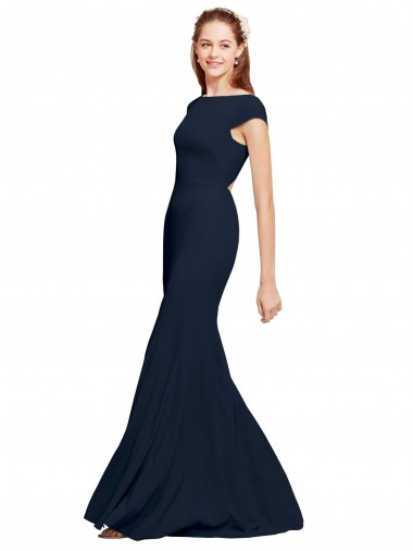 Affordable Sleeveless Boat Neck Stretch Crepe Dark Navy Long Prom Dress Canada