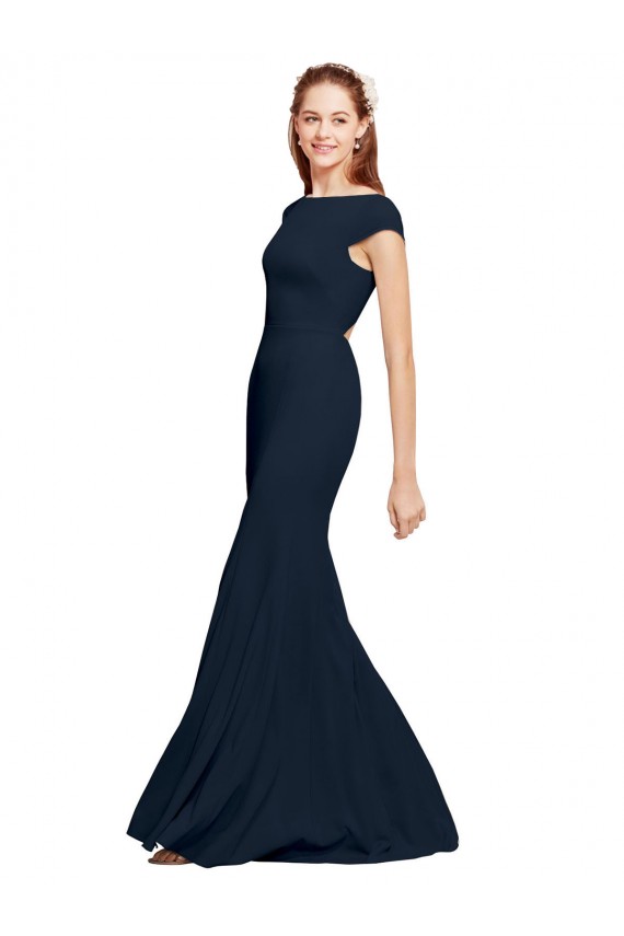 Affordable Sleeveless Boat Neck Stretch Crepe Dark Navy Long Prom Dress Canada