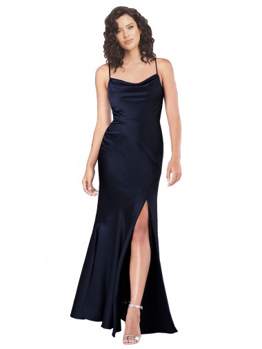 Affordable Sleeveless Cowl Neck Silky Satin Dark Navy Long Black Tie Prom Dress Canada