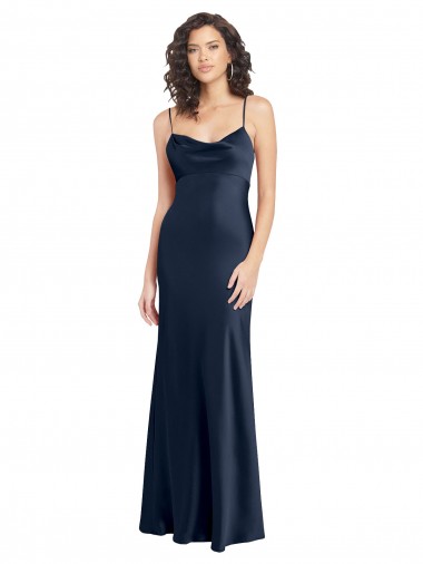 Affordable Sleeveless Cowl Neck Stretch Satin Dark Navy Long Black Tie Prom Dress Canada
