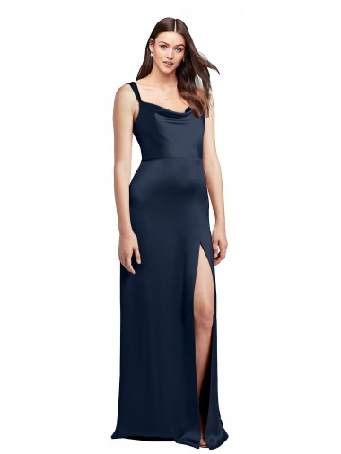 Affordable Sleeveless Cowl Neck Stretch Satin Dark Navy Long Prom Dress Canada