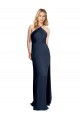 Affordable Sleeveless Halter Neck Stretch Satin Dark Navy Long Criss Cross Open Back Prom Dress Canada