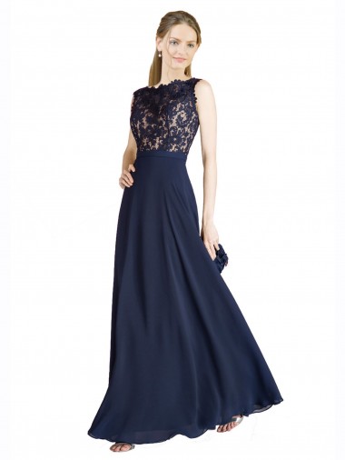 Affordable Sleeveless Illusion Neck Soft Chiffon & Lace Dark Navy Long Prom Dress Canada