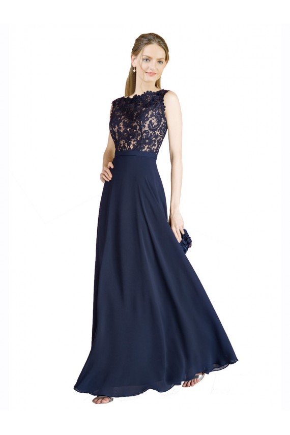 Affordable Sleeveless Illusion Neck Soft Chiffon & Lace Dark Navy Long Prom Dress Canada
