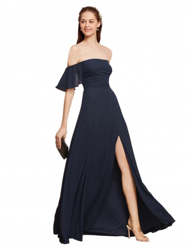 Affordable Sleeveless Off the Shoulder Soft Chiffon Dark Navy Long Prom Dress Canada