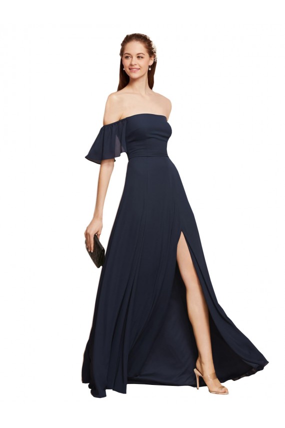 Affordable Sleeveless Off the Shoulder Soft Chiffon Dark Navy Long Prom Dress Canada