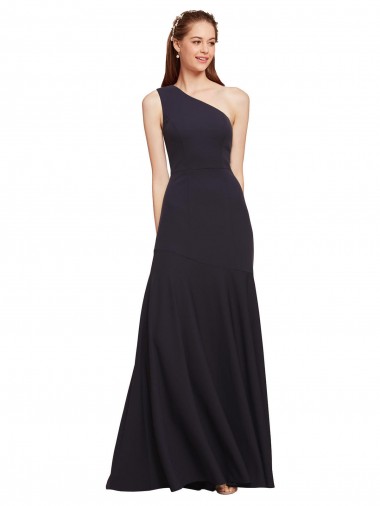 Affordable Sleeveless One Shoulder Stretch Crepe Dark Navy A-Line Long Prom Dress Canada