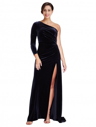 Affordable Long Sleeves One Shoulder Stretch Velvet Dark Navy Sweep Train Prom Dress Canada
