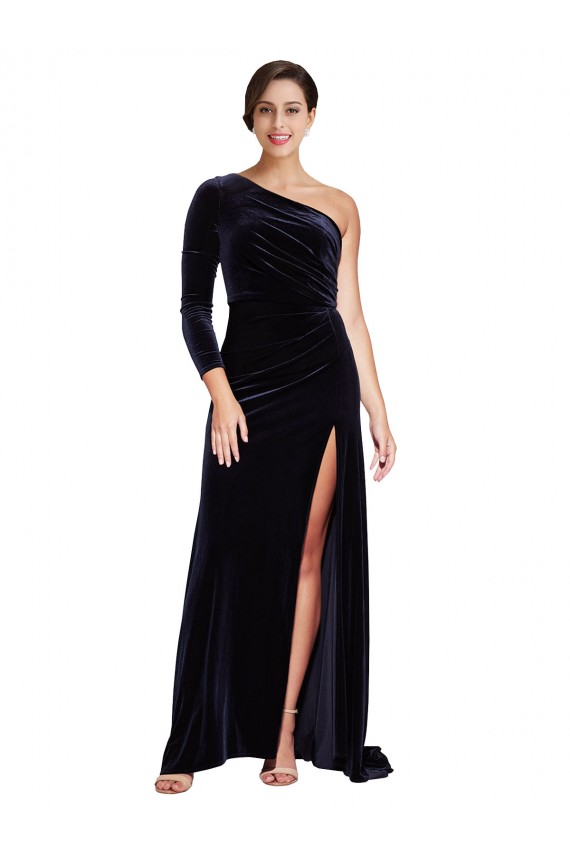Affordable Long Sleeves One Shoulder Stretch Velvet Dark Navy Sweep Train Prom Dress Canada
