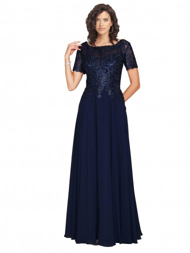 Affordable Short Sleeves Round Neck Soft Chiffon Dark Navy Long Prom Dress Canada