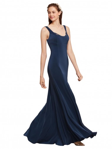 Affordable Sleeveless Round Neck Stretch Crepe Dark Navy Long Prom Dress Canada