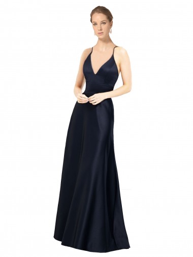 Affordable Sleeveless Spaghetti Straps Satin Dark Navy Long Prom Dress Canada