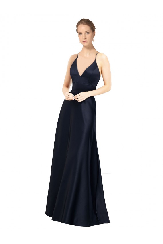 Affordable Sleeveless Spaghetti Straps Satin Dark Navy Long Prom Dress Canada